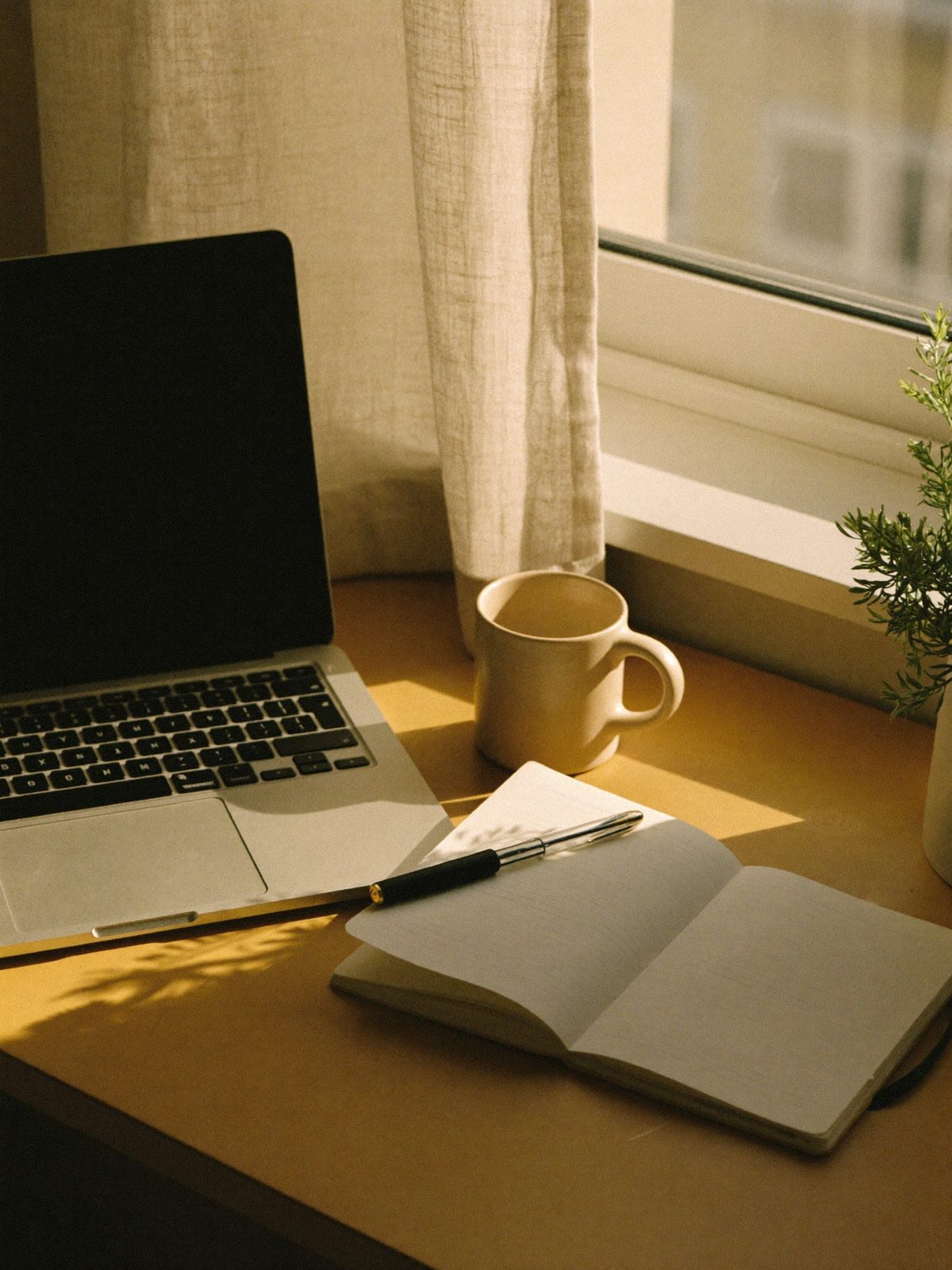 A telehealth desk by a window in warm morning light